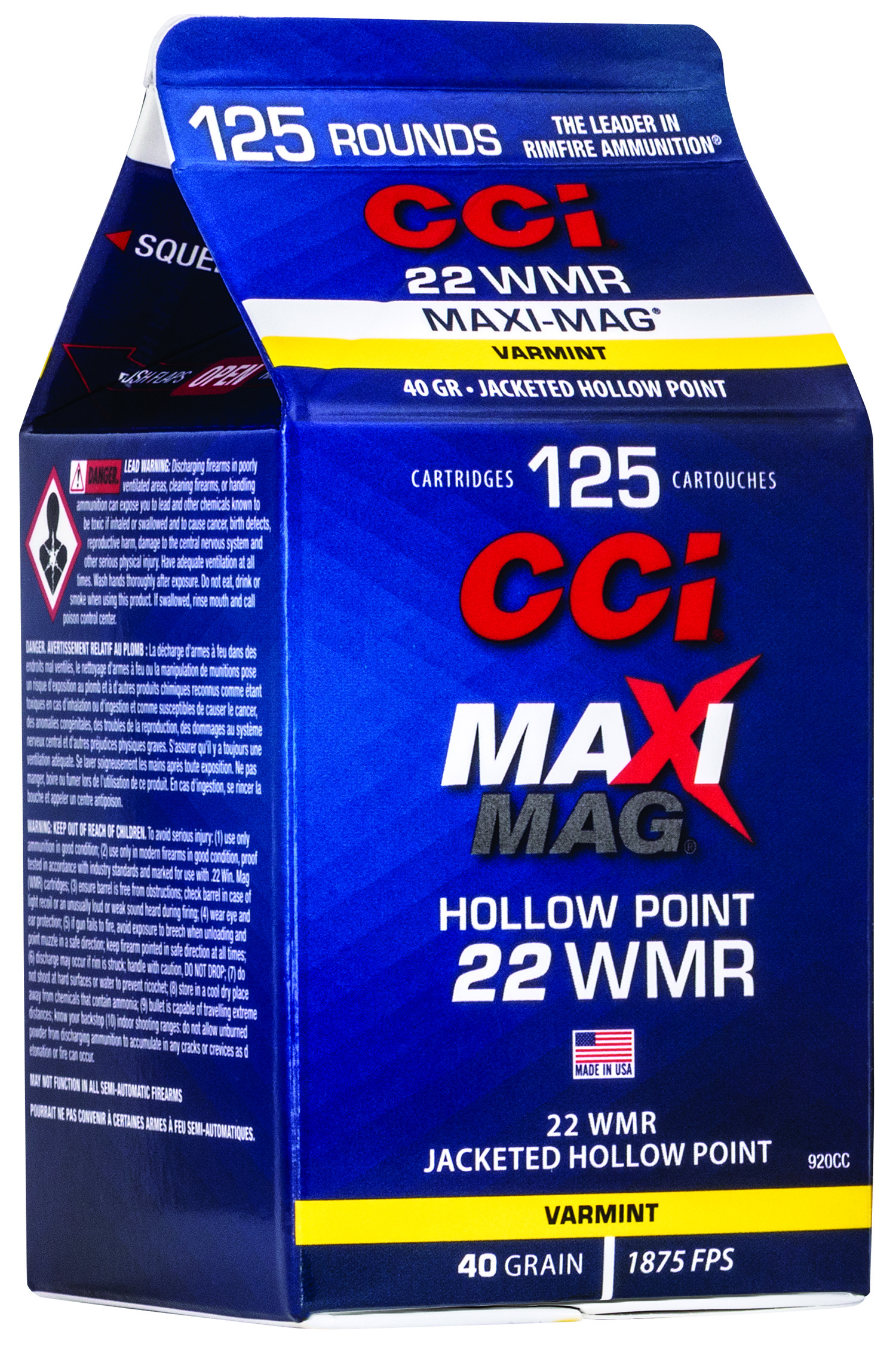 CCI 920CC Maxi-Mag  22 Mag 40 gr Jacketed Hollow Point (JHP) 125 Bx/ 10 Cs