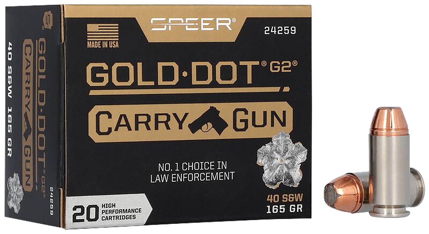 Speer 24259 Gold Dot Carry Gun 40 S&W, 165 Grain Hollow Point, 20 Rounds, High-Performance Pistol Ammo - Speer - HOLLOW POINT