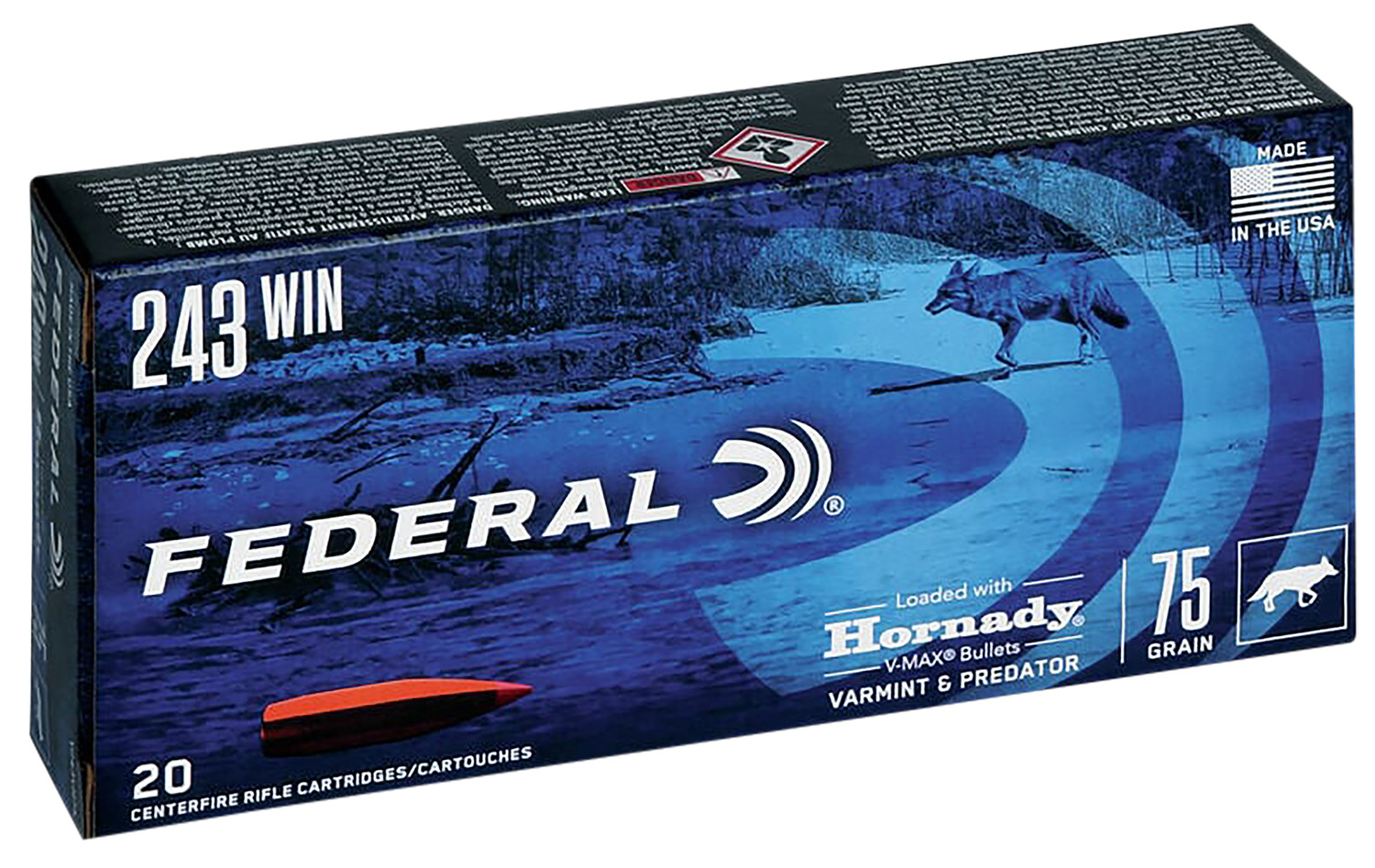 Federal V243VM75 Varmint & Predator  243Win 75gr Hornady V-Max 20 Per Box/10 Case