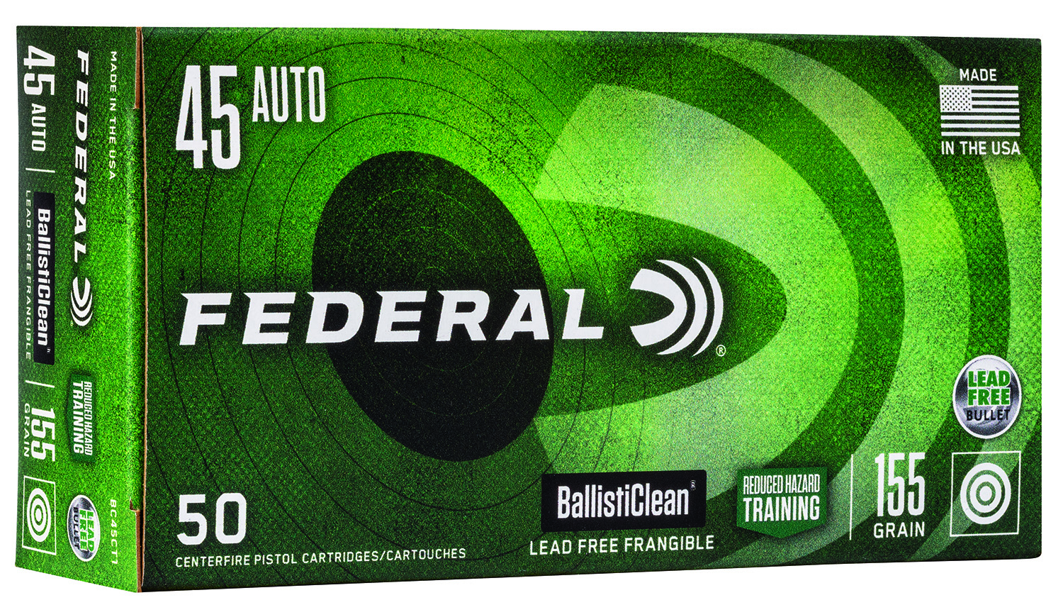 Federal BC45CT1 BallistiClean Reduced Hazard Training 45ACP 155gr Lead Free Frangible 50 Per Box/20 Case