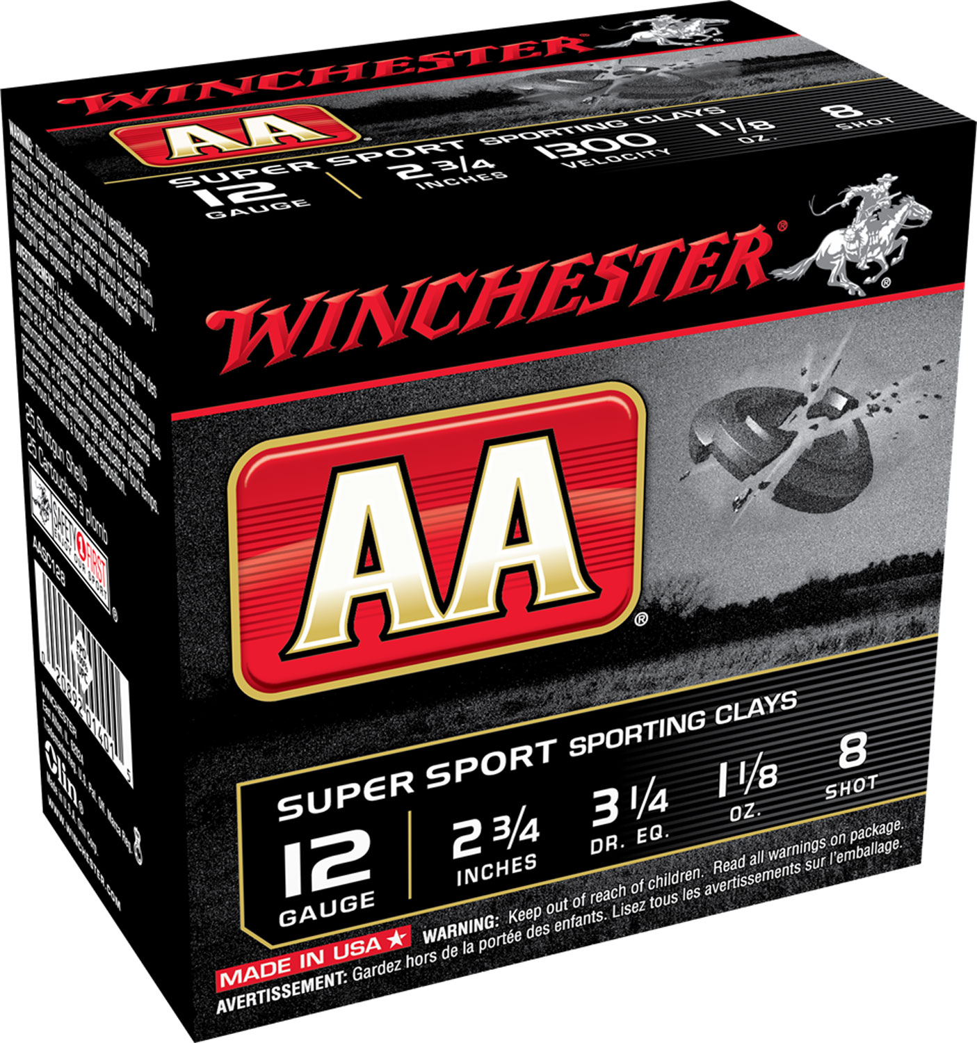 Winchester Ammo AASC128VP AA Sporting Clay 12 Gauge 2.75" 1 1/8 oz 1300 fps 8 Shot 100 Bx/2 Cs