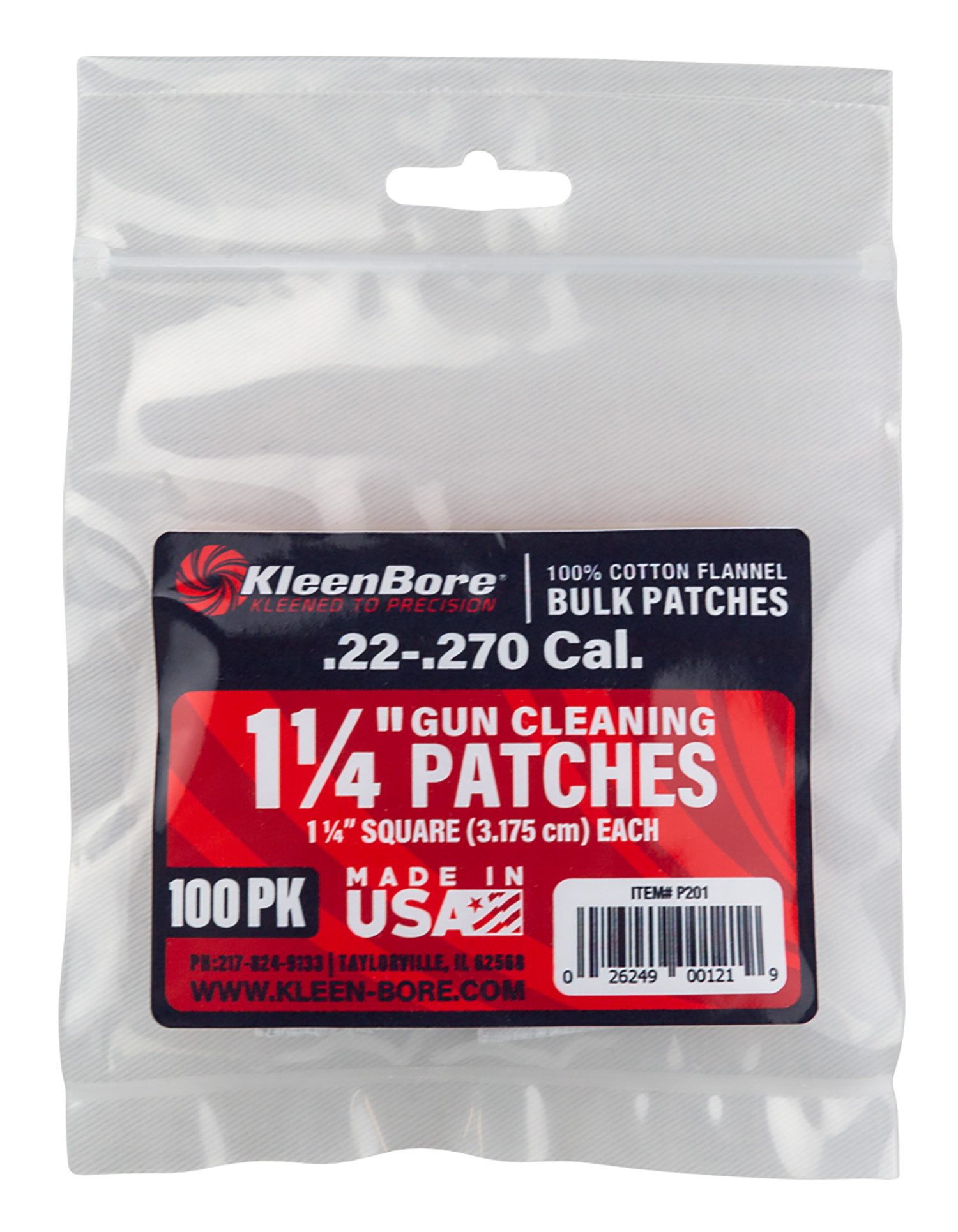KleenBore P201 Super Shooter  .22 - .270 Cal 1.25 100% Cotton Flannel 100 Per Pack