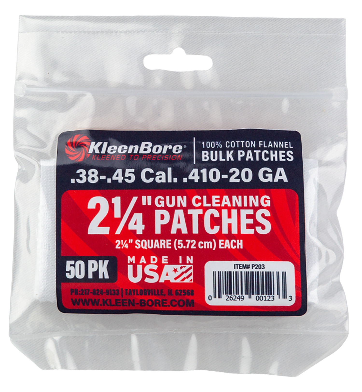 KleenBore P203 Super Shooter  .38/ .45 Cal 20/.410 Gauge 2.25 100% Cotton Flannel 50 Per Pack