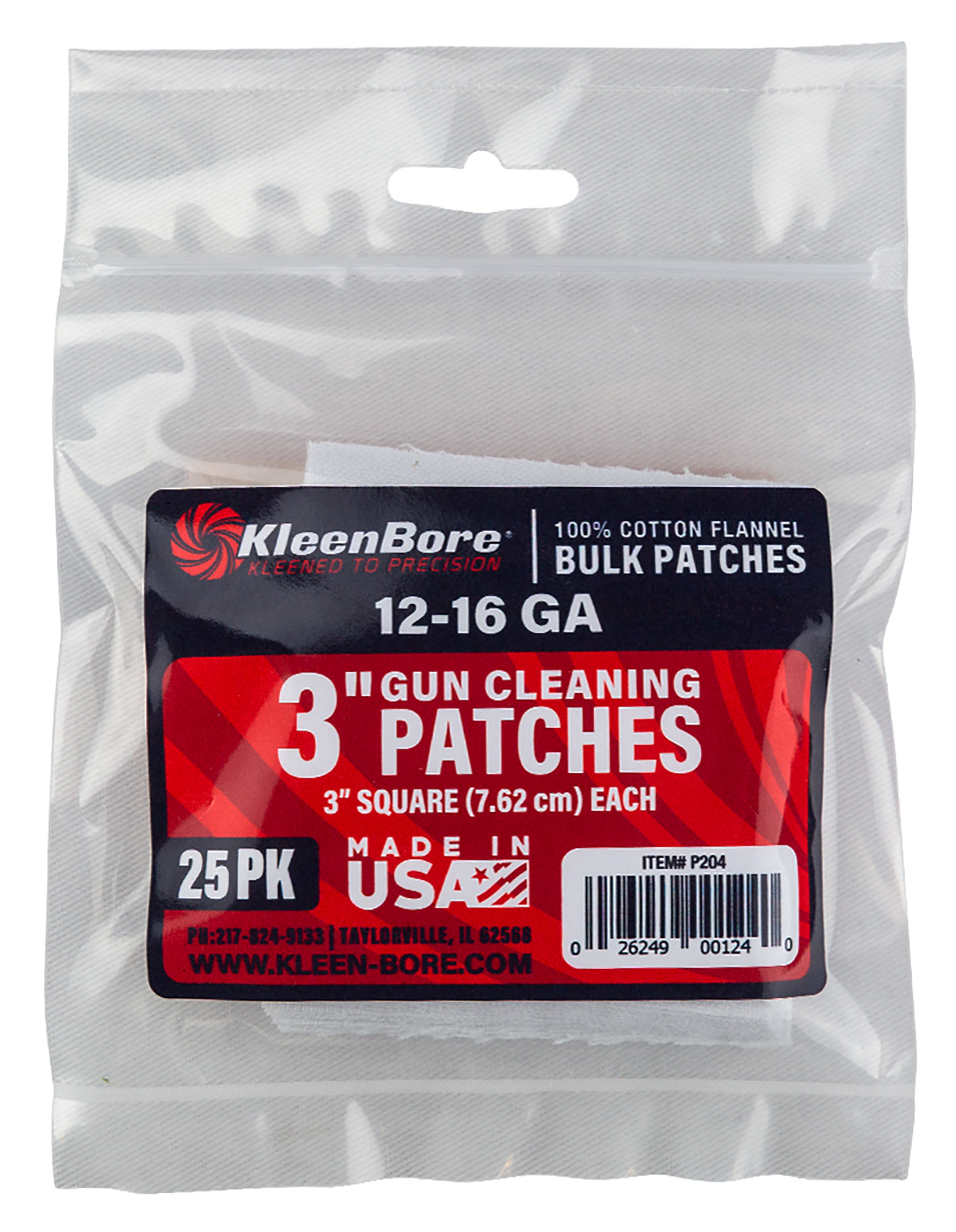 KleenBore P204 Super Shooter  12-16 Gauge Shotgun 3" 100% Cotton Flannel 25 Per Pack