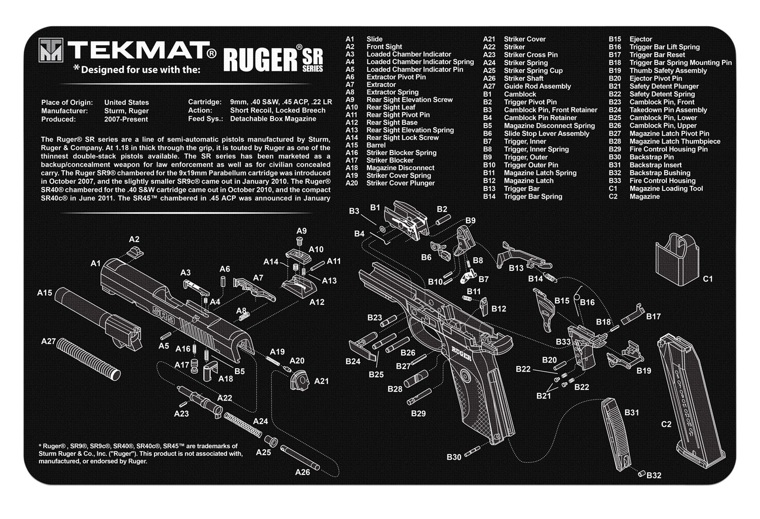 TekMat TEKR17RUGERSR9 Ruger SR 9 Cleaning Mat Black/White Rubber 17" Long-img-0