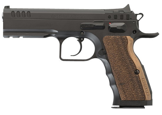 Tanfoglio IFG TFSTOCKI9SF Defiant Stock I 9mm Luger Caliber with 4.50 Barrel, 16+1 Capacity, Overall Black Finish Steel, Picatinny Rail/Beavertail Short Frame, Serrated Slide & Wood Grip