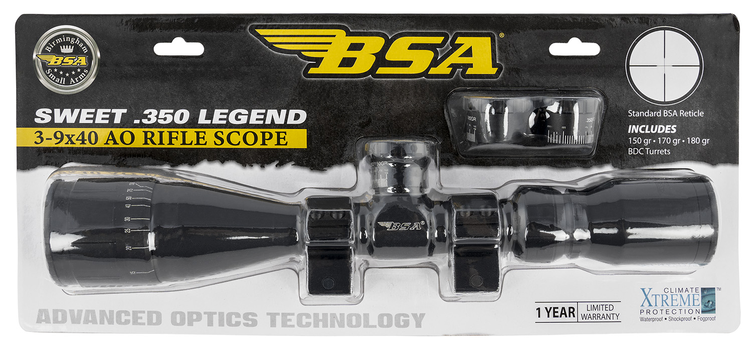 BSA 35039X40AOWRTB Sweet 350 Legend Black Matte 3-9x40mm AO 1 Tube 30/30 Reticle Features Weaver Rings
