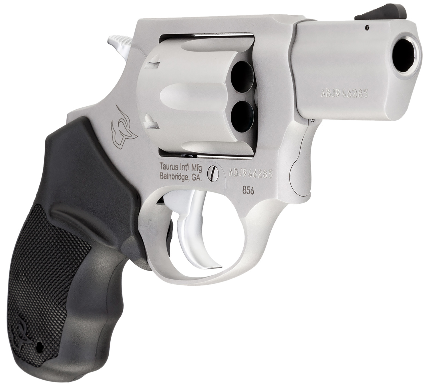 Taurus 856 Stainless 38 Special 2in 6rd — Superb Steel-Frame Revolver 4 Taurus 856 Stainless 38 Special revolver, angled view showing the matte stainless cylinder, 2-inch barrel and black rubber grip