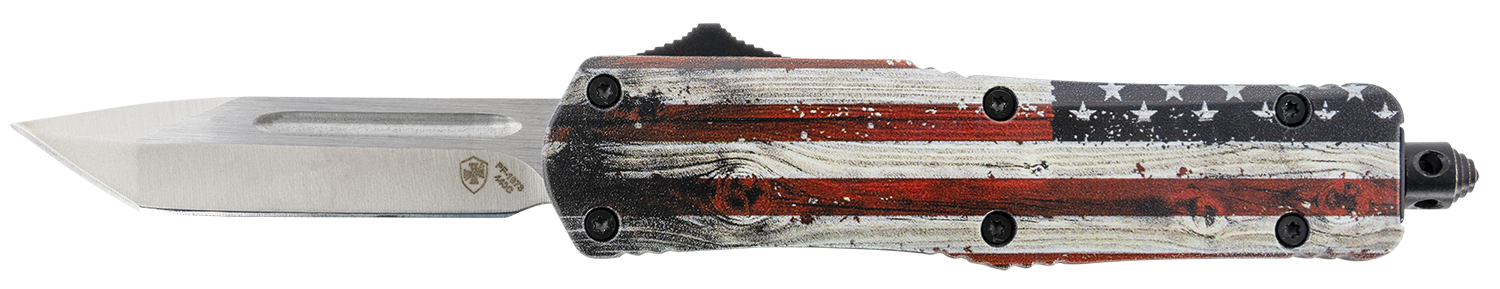 Templar Knife SWUS232 Gen II Wood US Flag Small 2.69 OTF Tanto Plain Powder Coated 440C SS Blade, 4.31 Painted Wood Grain US Flag Aluminum Handle, Glass Breaker