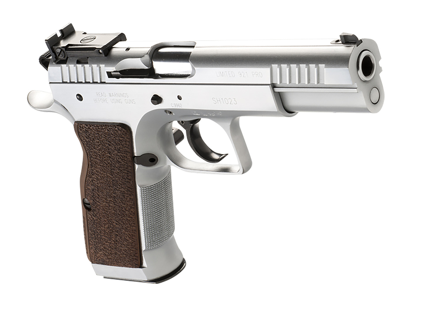 Tanfoglio IFG TF-LIMPRO-38 Defiant Limited Pro 38 Super Caliber with 4.80 Barrel, 17+1 Capacity, Overall Hard Chrome Finish Steel, Beavertail Frame, Serrated Slide & Brown Polymer Grip