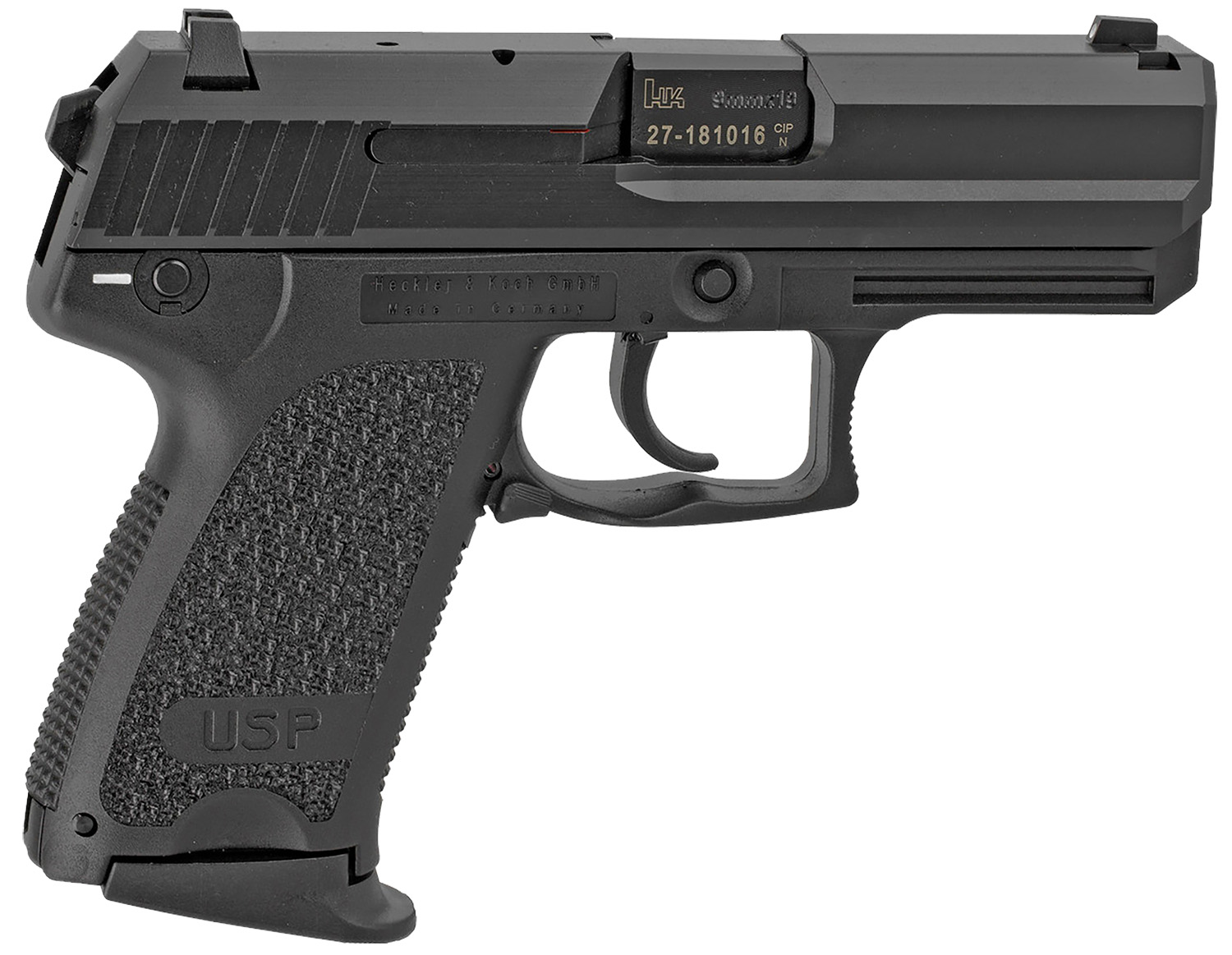 HK 81000331 USP V1 Compact 9mm Luger 10+1 3.58" Black Polygonal Rifled Barrel, Black Serrated Slide, Black Polymer Frame, Black Polymer Grip, Ambidextrous