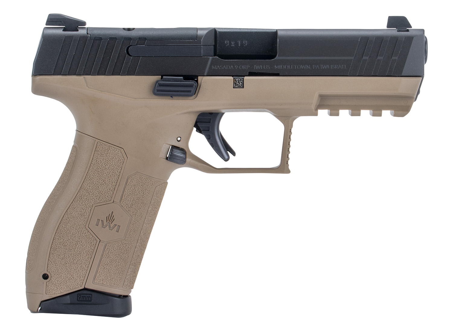 IWI US M9ORP10FD MASADA  9mm Luger 10+1 4.10 Black Button Rifled Steel Barrel/Black Optic Ready/Serrated Slide/Flat Dark Earth Polymer Frame w/Picatinny Rail/FDE Polymer Grips Ambidextrous