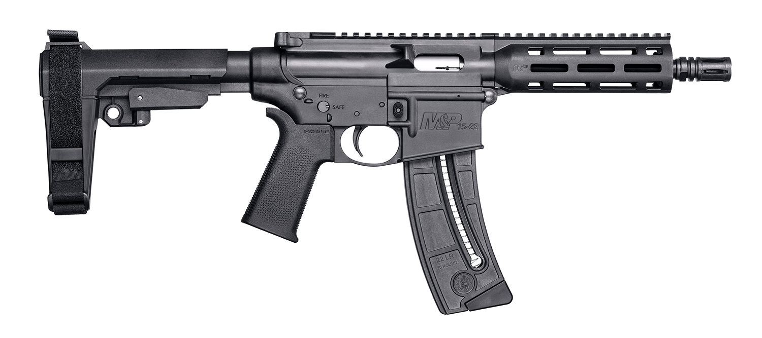 Smith & Wesson 13321 M&P15  Pistol 22 LR 8 Black Carbon Steel Barrel 25+1, Black SB Tactical SBA3 Adjustable Arm Brace Stock, Black Magpul MOE Grip, Manual Safety, Optics Ready