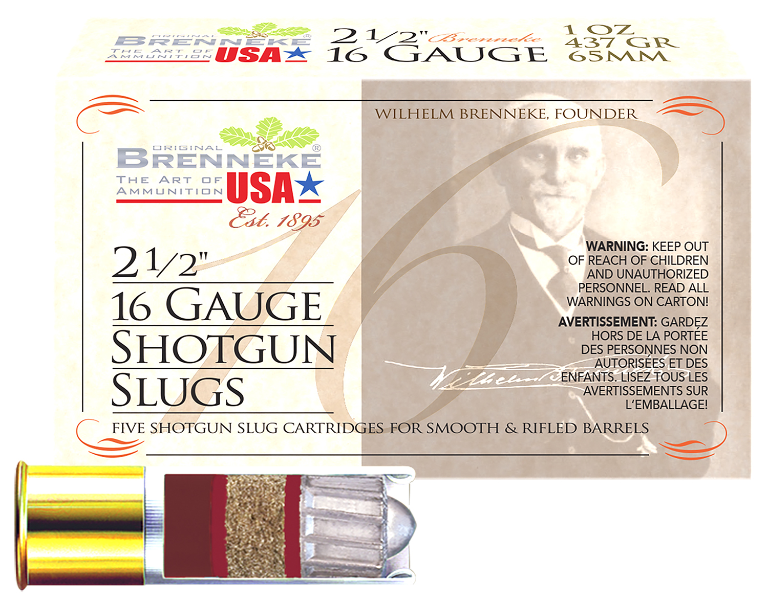Brenneke SL162BR Brenneke 16  16Gauge 2.50 1oz Slug Shot 5 Per Box/50 Case