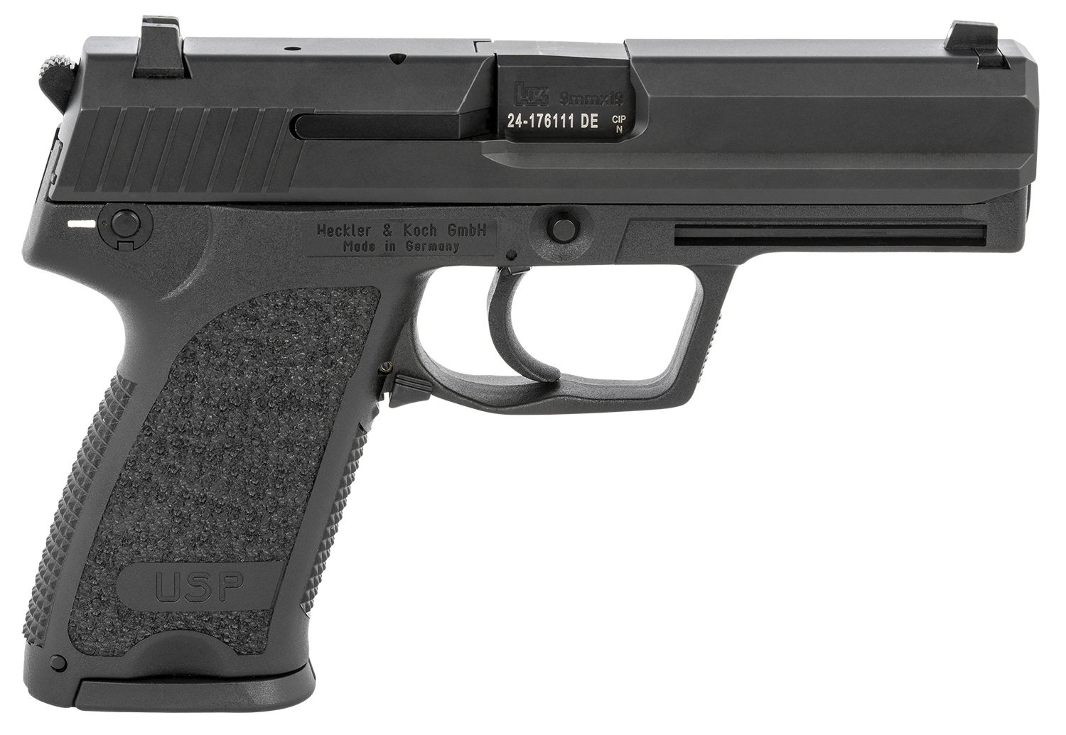 HK 81000309 USP V1 SA/DA 9mm Luger Caliber with 4.25 Barrel, 10+1 Capacity, Overall Black Finish, Serrated Trigger Guard Frame, Serrated Steel Slide & Polymer Grip Includes 2 Mags