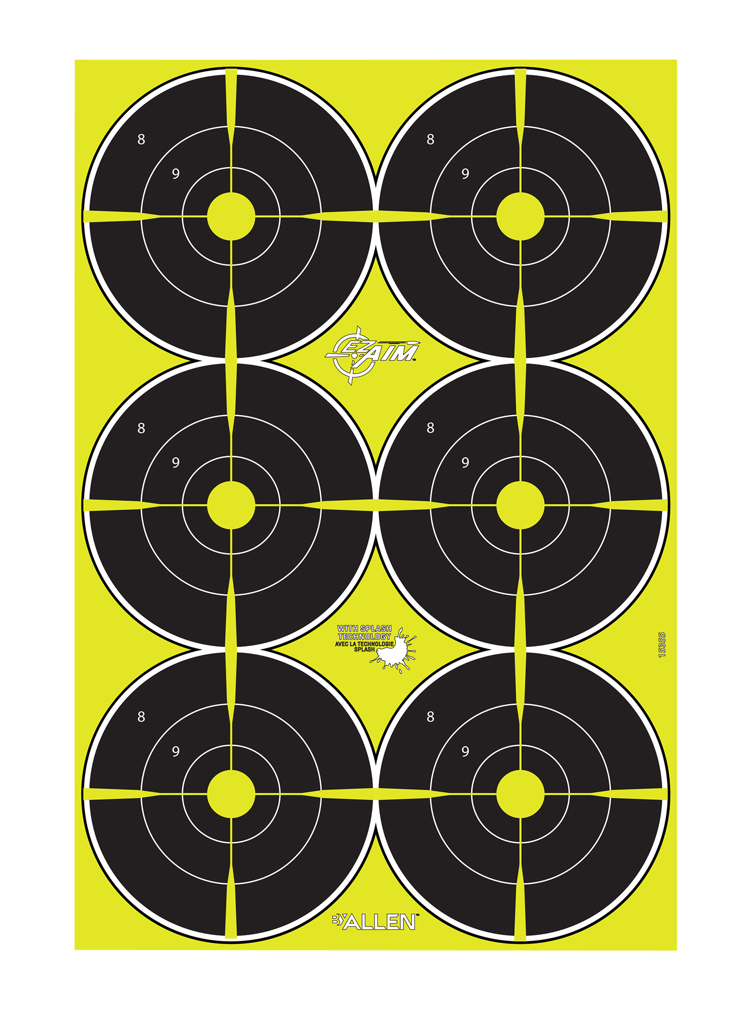 EZ-Aim 15355 Splash Reactive  Bullseye Hanging Paper 12" x 18" Black/Yellow Yellow 8 Pack
