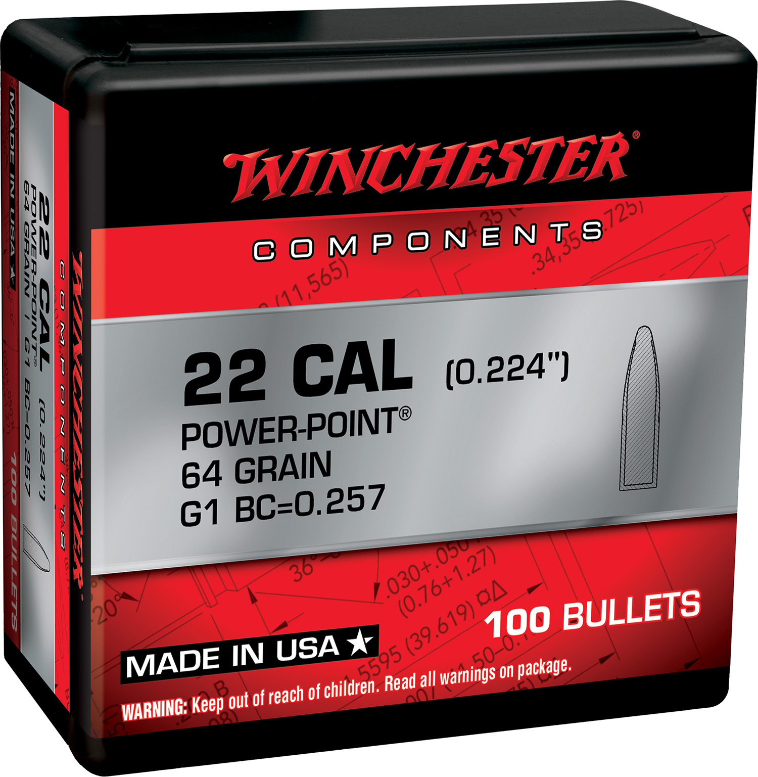 Winchester WB223PP64X Centerfire Rifle Reloading Bullets .224 64 gr Power-Point (PP)