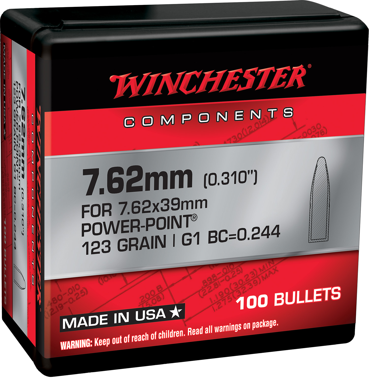Winchester WB762P123X Centerfire Rifle Reloading Bullets .310 123 gr PP