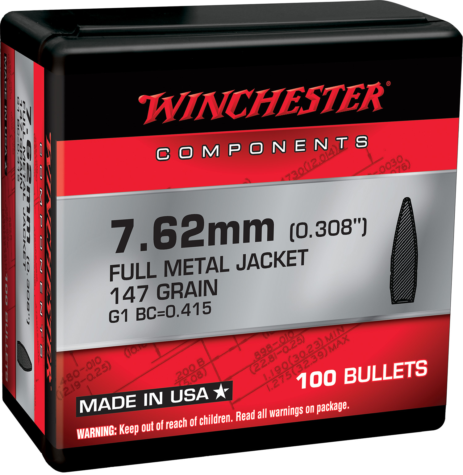 Winchester Ammo WB762M147X Centerfire Rifle Reloading 7.62mm .308 147 gr Full Metal Jacket Boat-Tail (FMJBT)