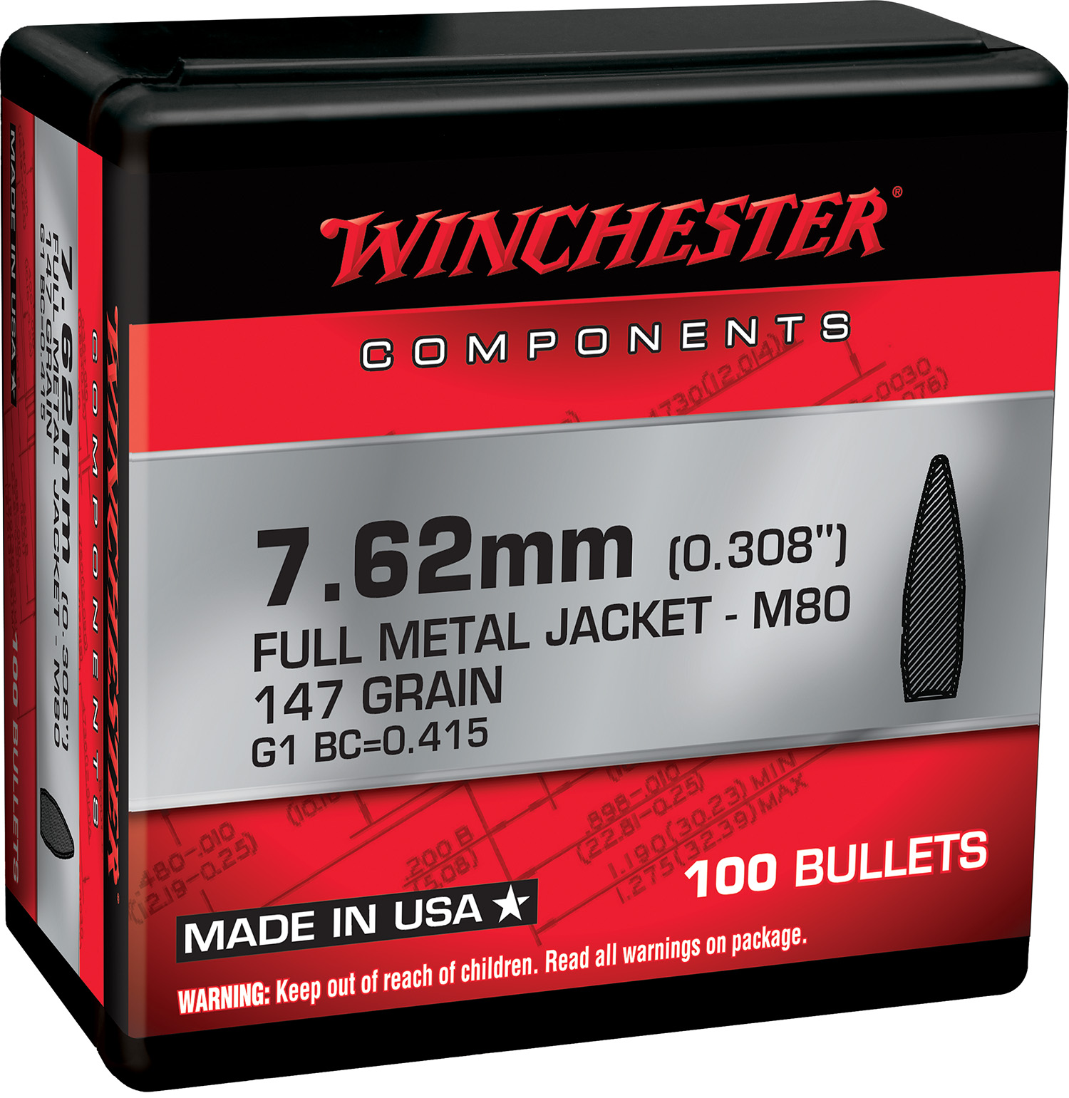 Winchester Ammo WB762147NX Centerfire Rifle  308Win 7.62x51mmNATO 147gr Full Metal Jacket 100 Per Box/10 Case