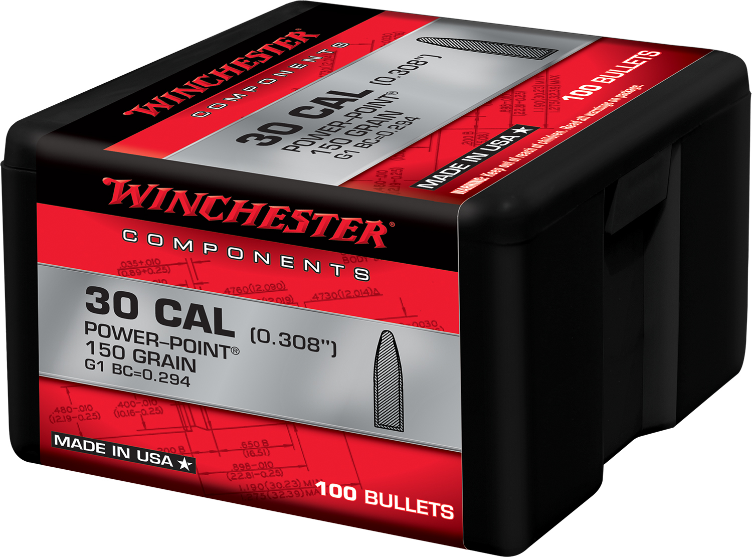 WINCHESTER AMMO Components 30Cal Power Point 150Gr 100rd Bullets WB30PP150X