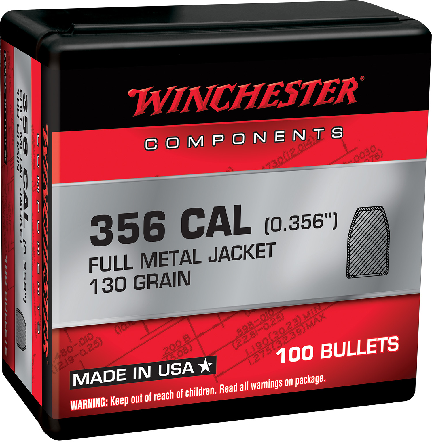 Winchester .38 Cal .356 130gr FMJ Handgun Reloading Bullet