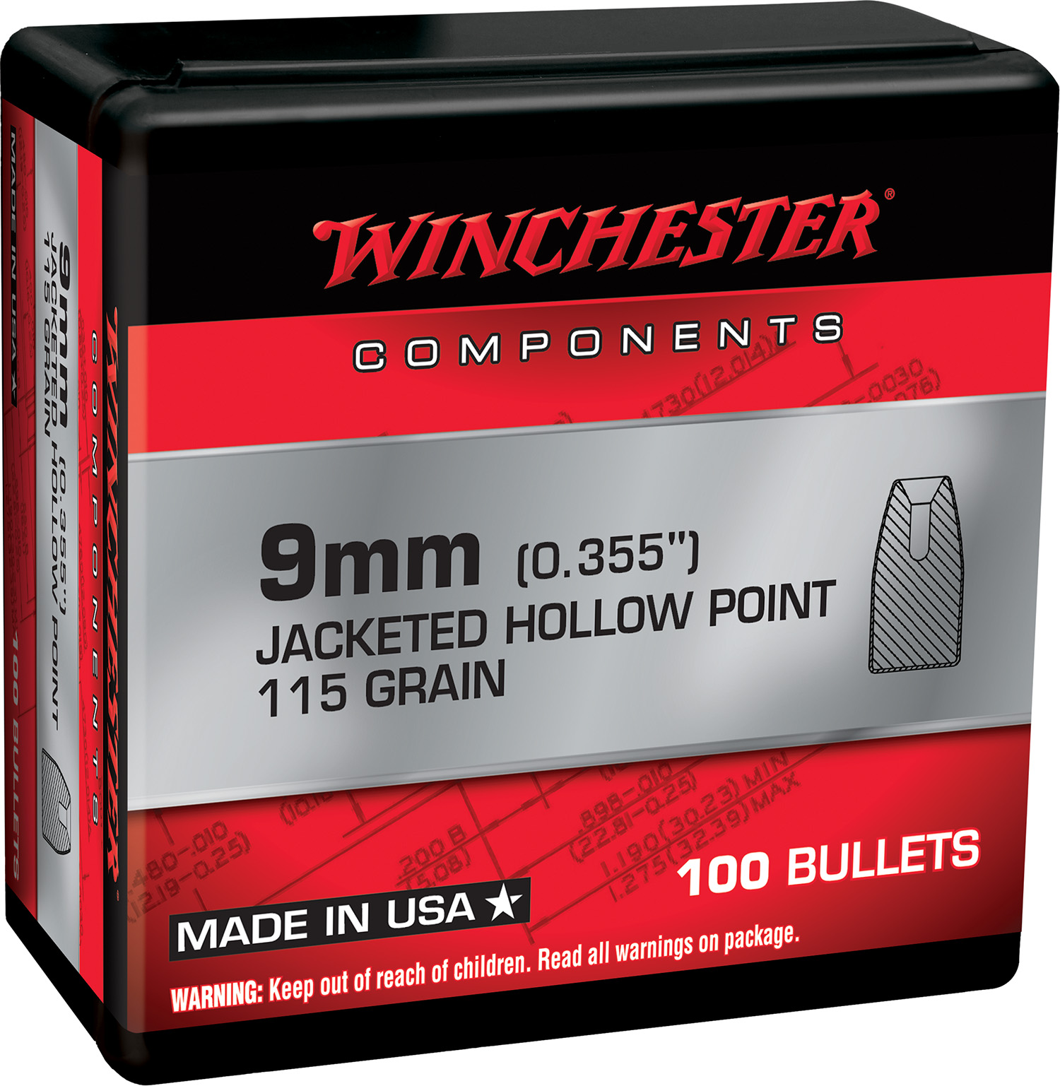 Winchester AMMO Components 9mm JHP 115 Grain 100 Handgun Bullets WB9JHP115X