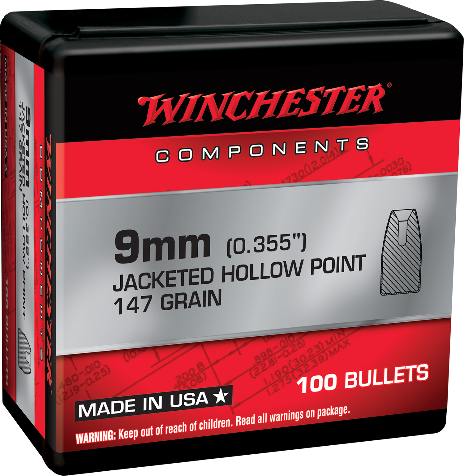 Winchester Ammo WB9JHP147X 9mm .355 147 gr Jacketed Hollow Point (JHP) - 100 Bullets