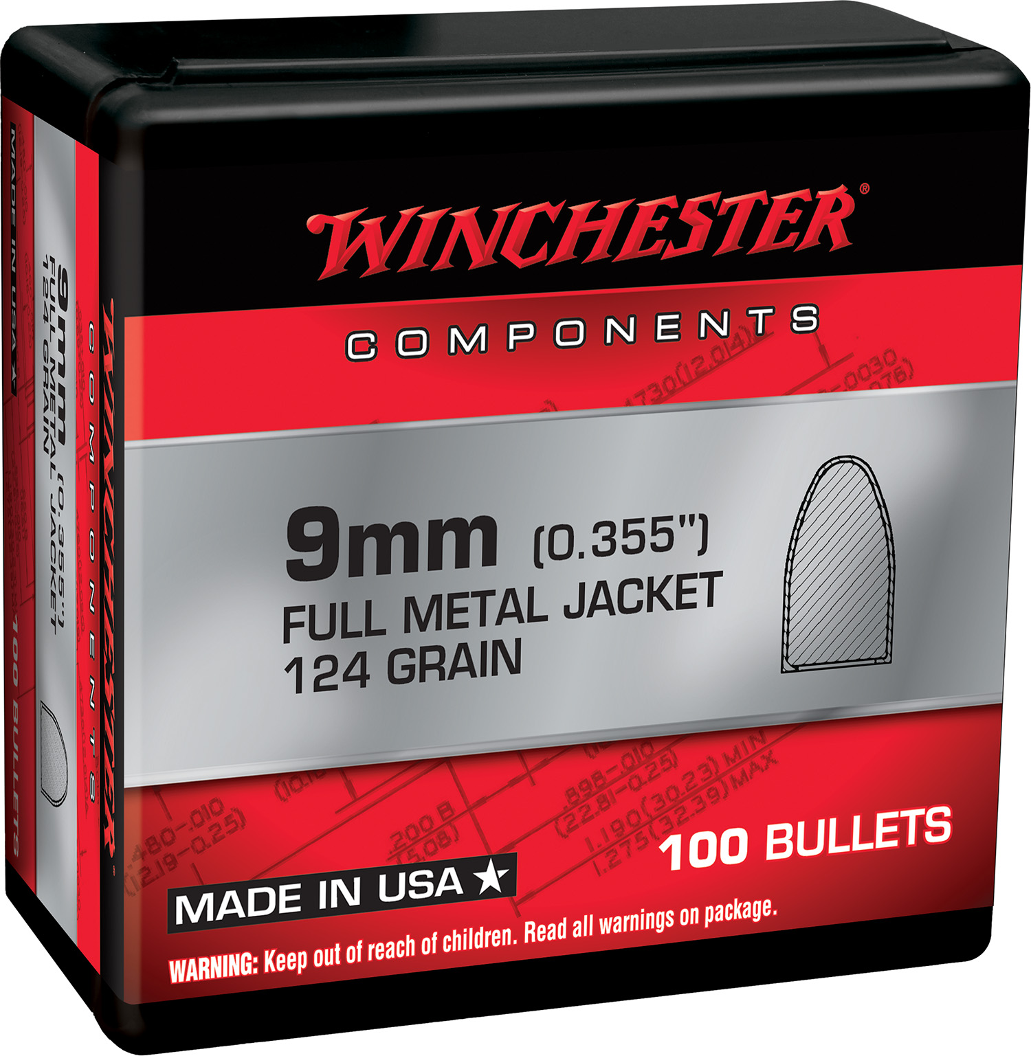 WINCHESTER AMMO Components 9mm FMJ Flat Base 124 Gr 100 Bullets WB9MC124X