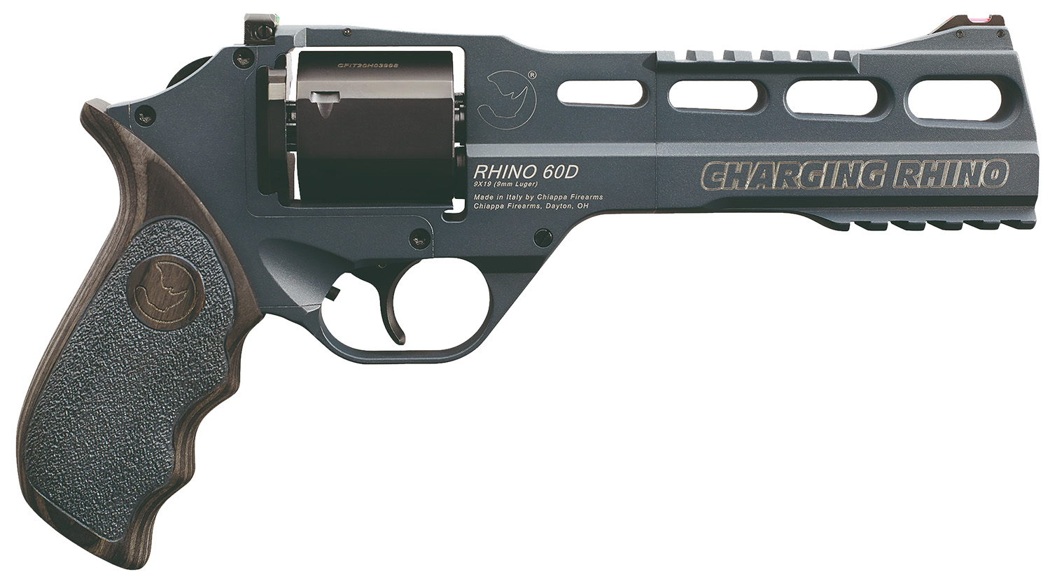 Chiappa Firearms 340314 Rhino 60DS Gen II 9mm Luger 6 Shot 6 Slate Cerakote Steel Black Barrel & Cylinder, Slate Cerakote Aluminum Frame, Black/Gray Finger Grooved  Laminate Grip, Exposed Hammer
