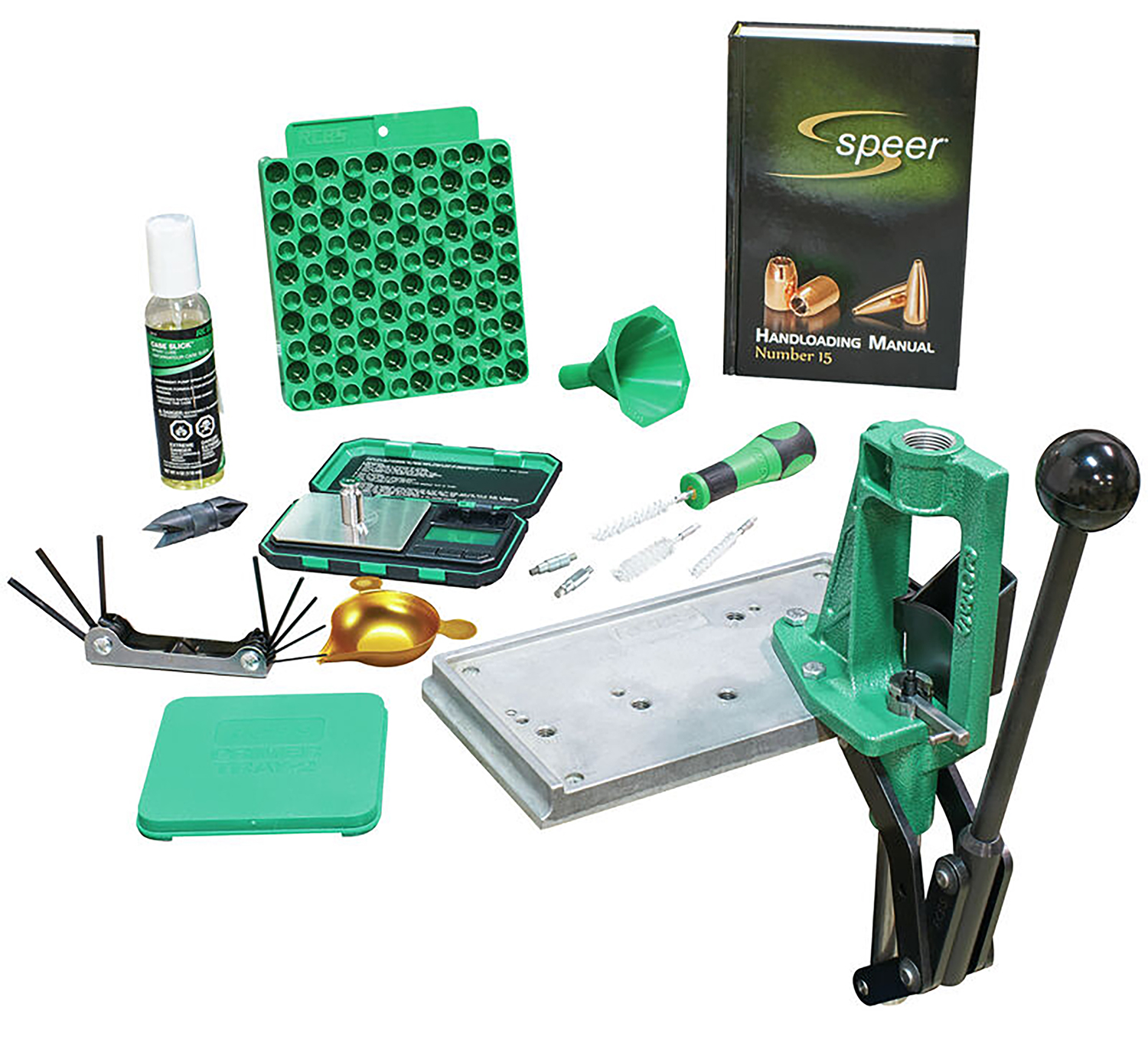 RCBS Partner Reloading Kit-2: Green, Single Stage Press, Digital Scale, Speer Manual, Accessory Handle, Powder Funnel, Hex Key, Deburring Tool, Loading Block, Slick Lube, Primer Tray
