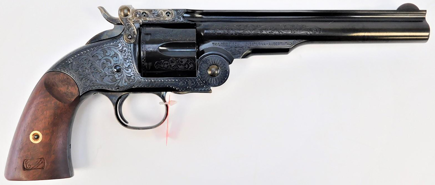 TAY Taylors & Company 550643 Top Break Schofield 45 Colt (LC) Caliber with 7" Barrel, 6rd Capacity Cylinder, Overall Blued Engraved Finish Steel & Walnut Grip