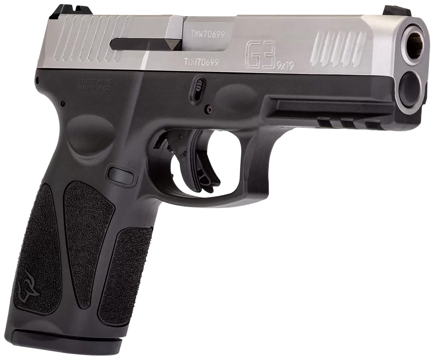 Taurus G3 Stainless 9mm Full Size 15+1 4in — Superb Value Pistol 3 Taurus G3 Stainless 9mm pistol, angled view showing matte stainless slide, black polymer frame and Picatinny rail