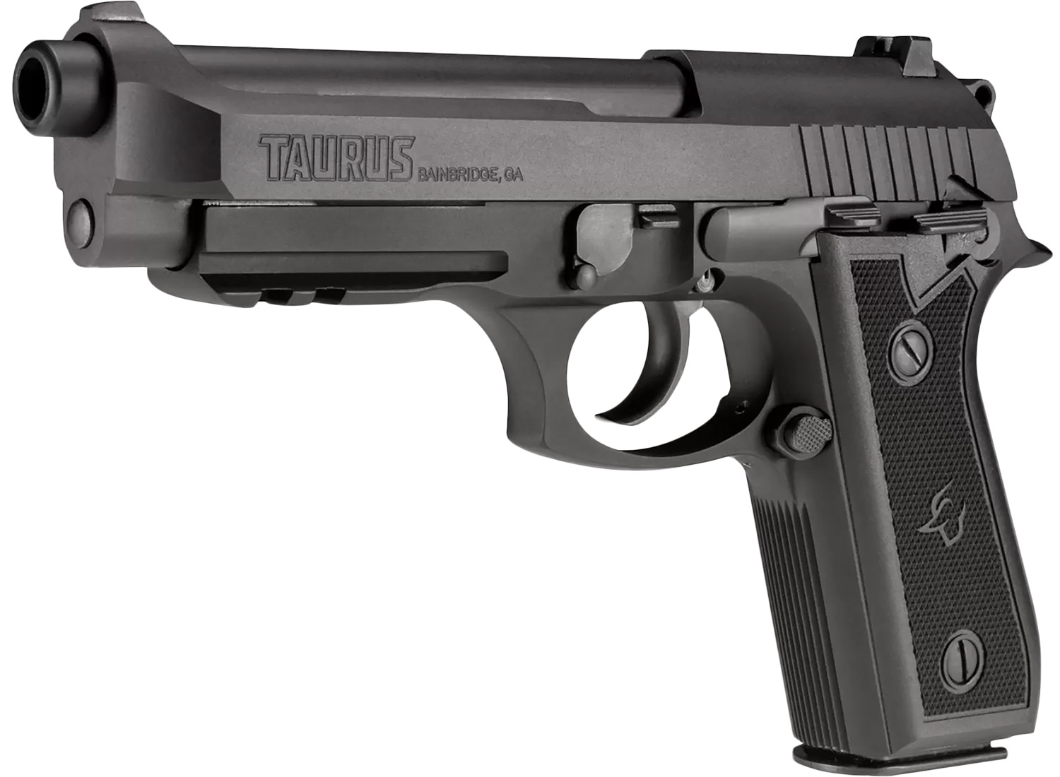 Taurus PT92 9mm 5in 17+1 Black — Superb Full-Size Pistol 4 Taurus PT92 9mm full-size pistol with five-inch barrel, open-top slide and black alloy frame, three-quarter view