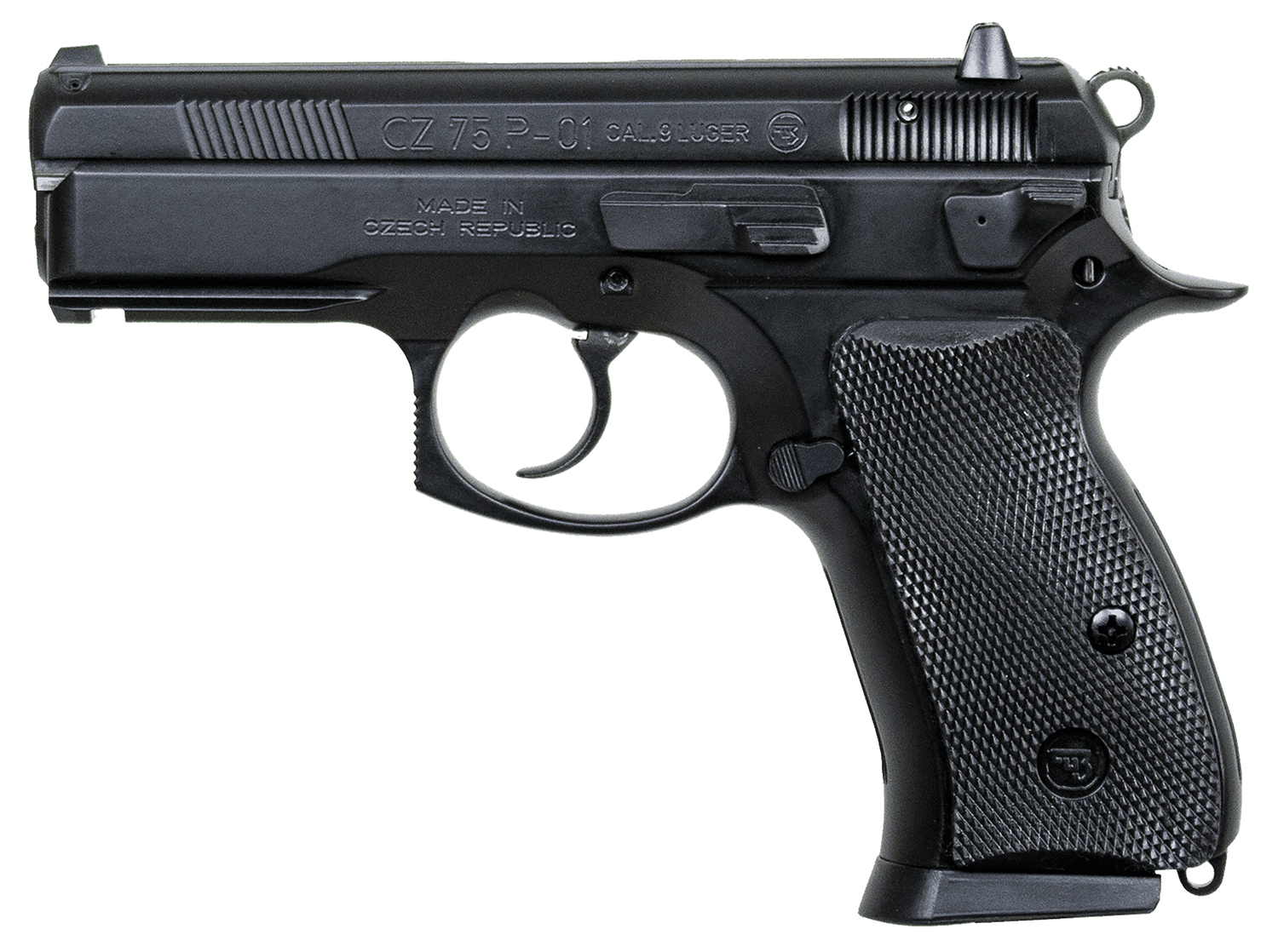 CZ 75 P-01 9mm Compact Pistol 3.75 in. 15+1 - Superb Alloy Frame Decocker 3 CZ 75 P-01 9mm left side with black polycoat alloy frame and rubber grips