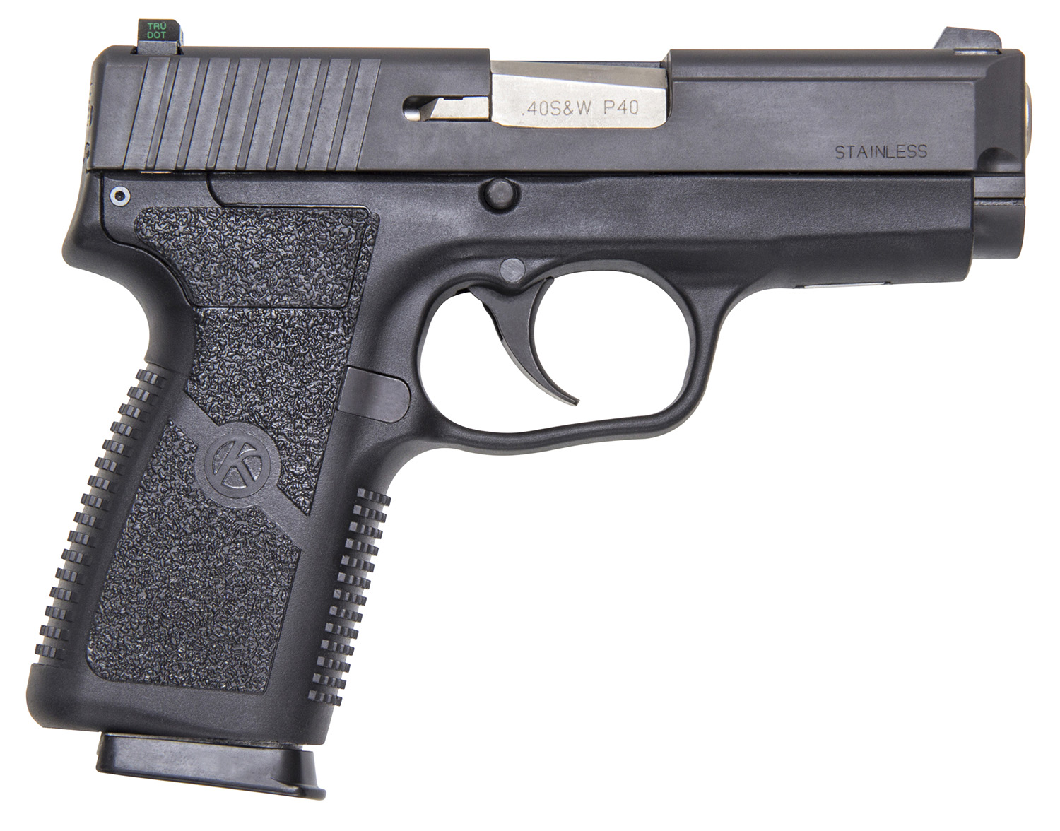 Kahr Arms KP4044NA P  40 S&W Caliber with 3.60" Barrel, 6+1 or 7+1 Capacity, Black Finish Frame, Serrated Matte Black Stainless Steel Slide, Textured Polymer Grip & TruGlo Night Sight