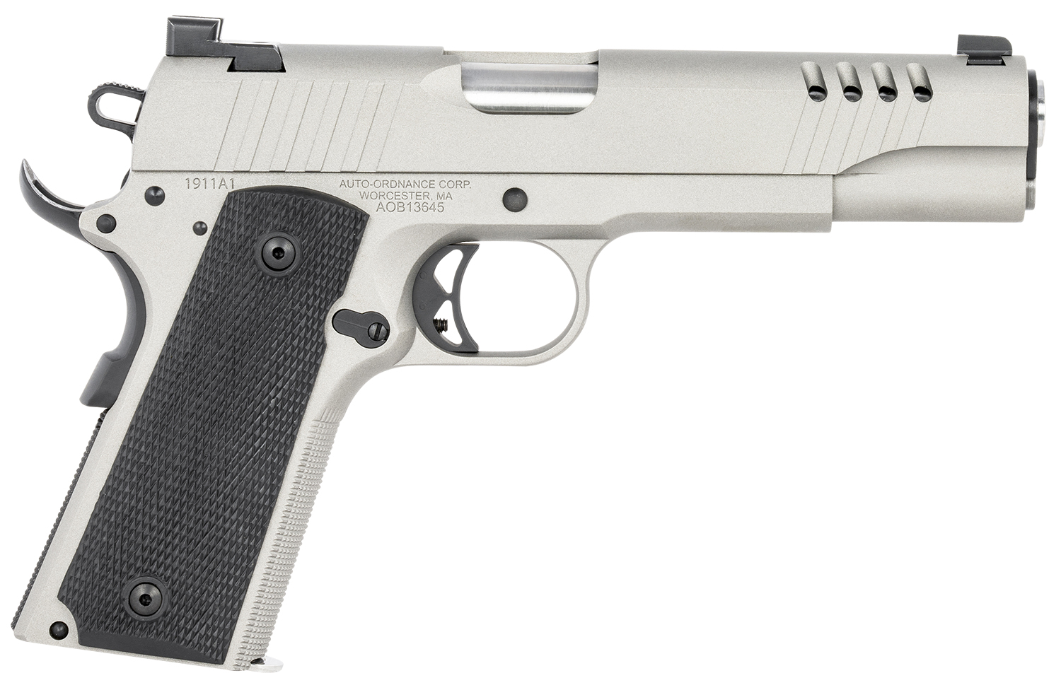 Auto-Ordnance 1911TCAC6 1911 A1  45 ACP 7+1 5 Savage Silver Cerakoate, Serrated/Ported Slide,  Black Rubber Grips, Fixed 3-Dot Combat Day Sights
