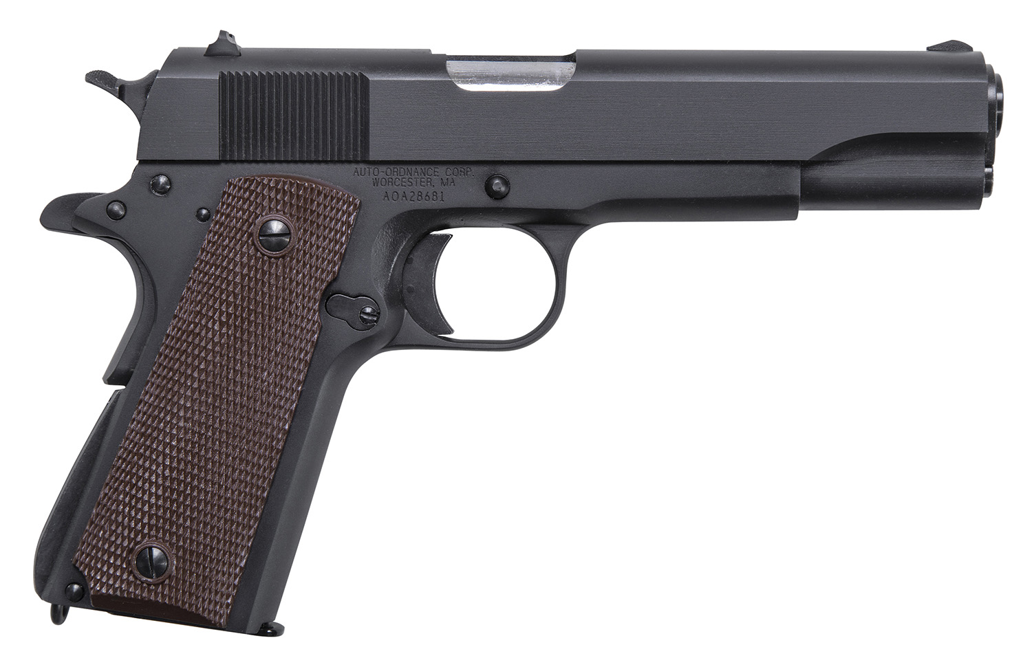 Auto-Ordnance 1911BKOMA 1911 A1 GI Spec *MA Compliant 45 ACP 7+1, 5 Stainless Steel Barrel, Matte Black Serrated Carbon Steel Slide & Frame w/Beavertail, Brown Checkered Polymer Grip