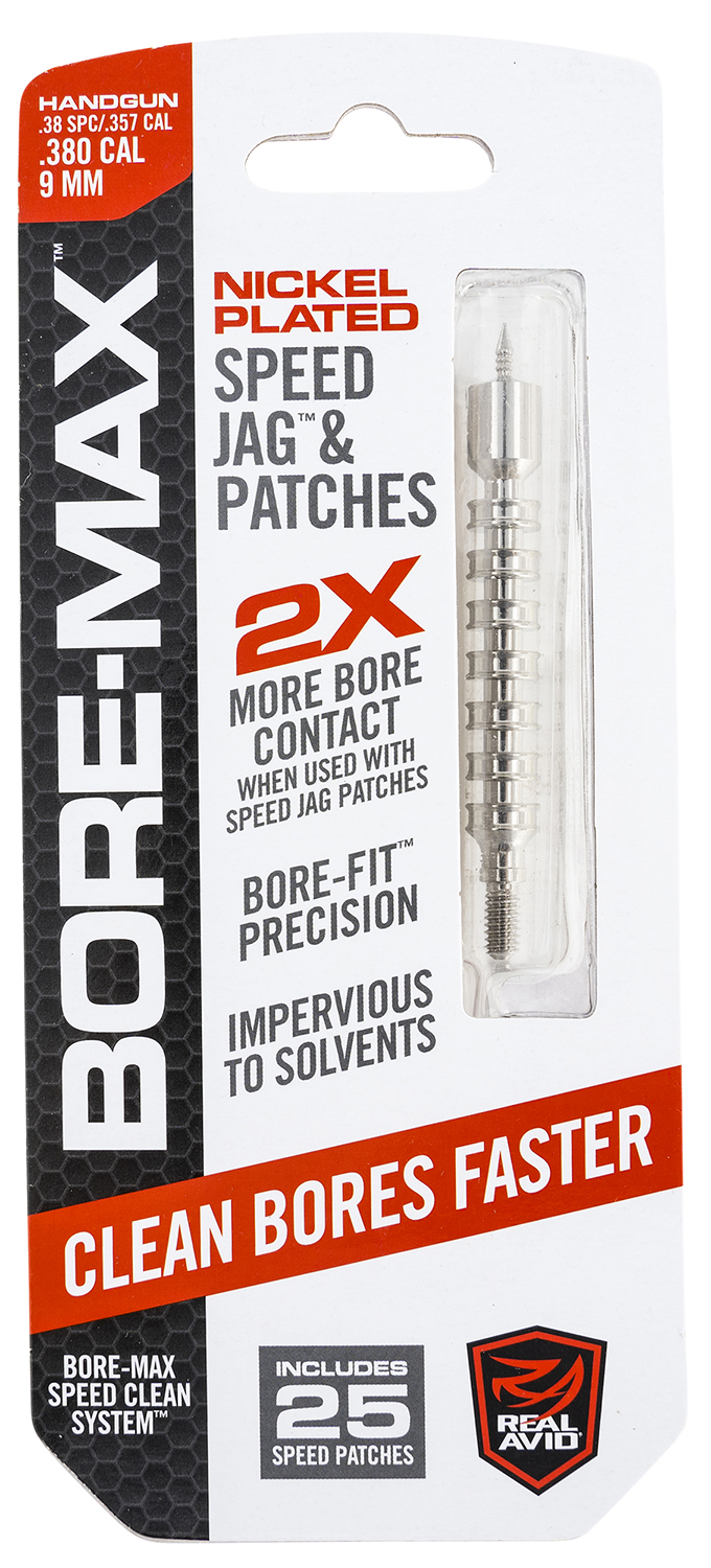 Real Avid AVBMJAG9MM Bore-Max Speed Jag 9mm/380 Cal Pistol Firearm Nickel-Plated Includes 25 Speed Patches