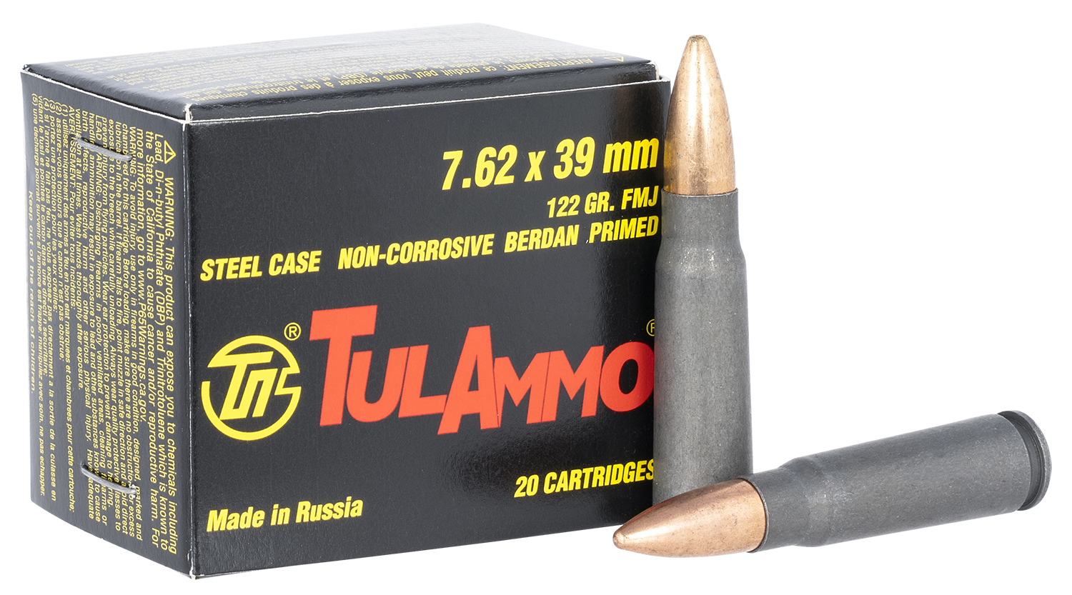 Tula Ammo by American Ammo TULA762OS Rifle  7.62x39mm 122 gr Full Metal Jacket (FMJ) Steel Case 20 Bx/ 50 Cs