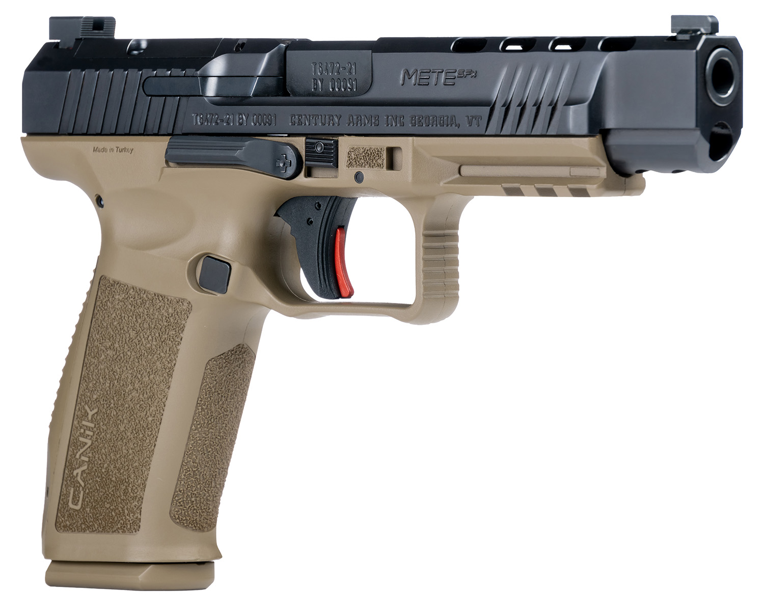 Canik HG5635N Mete SFx Full Size Frame 9mm Luger 20+1/18+1, 5.20" Black Match Grade Barrel Black Nitride Serrated Steel Slide, Flat Dark Earth Polymer Frame w/Picatinny Rail, Ambidextrous