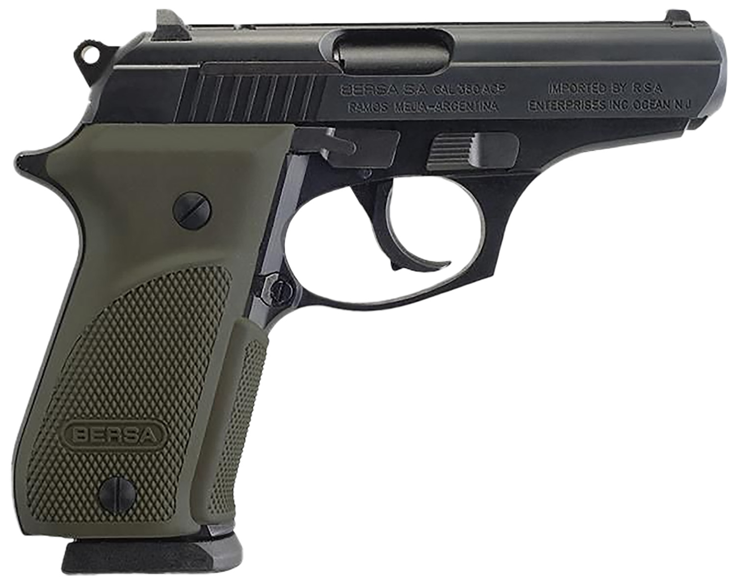 Bersa T380PMC Thunder Combat Sub-Compact Frame 380 ACP 15+1, 3.50 Black Steel Barrel, Matte Black Serrated Steel Slide & Aluminum Frame w/Beavertail, Olive Wrap-Around Grip