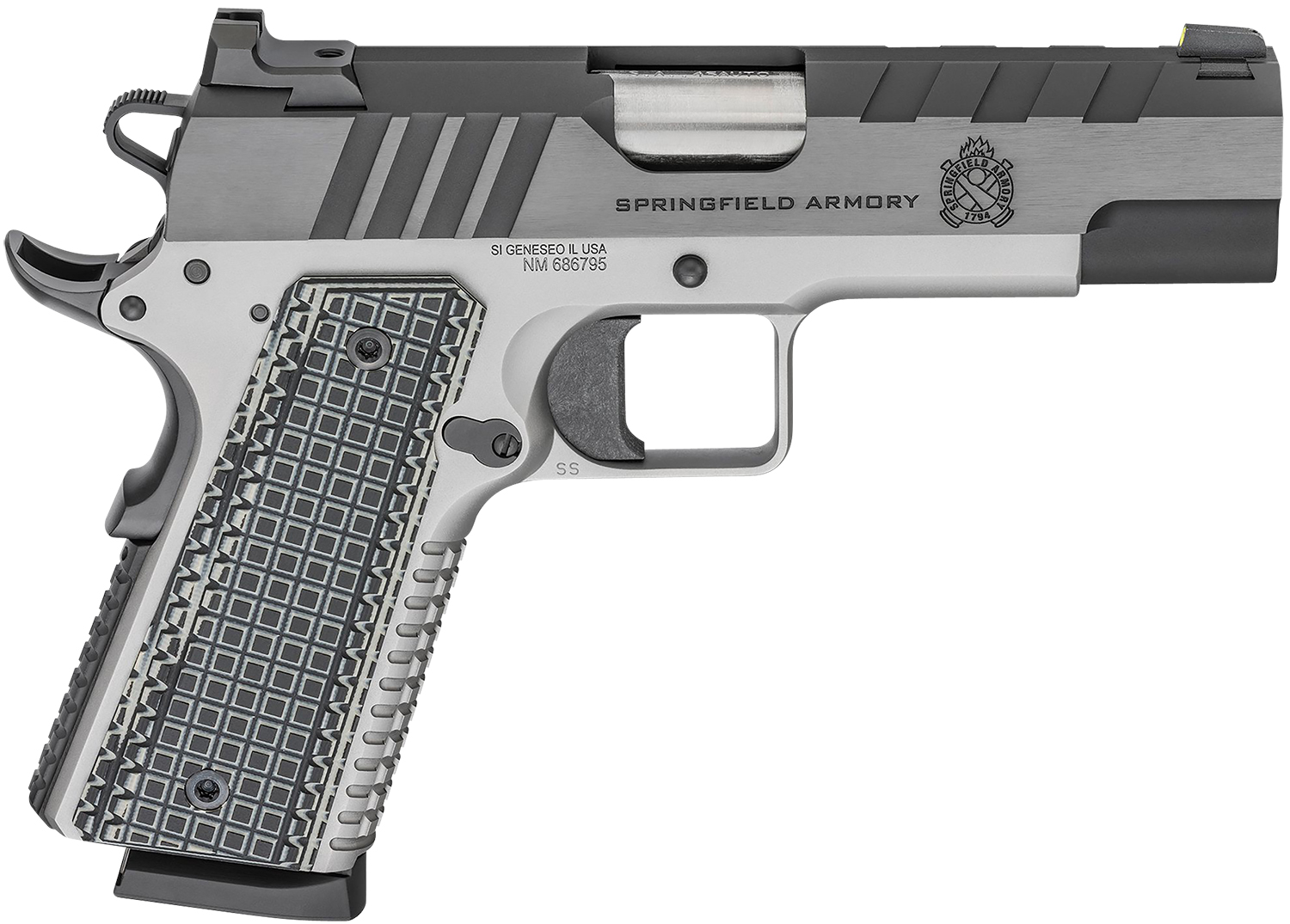 Springfield Armory PX9218L 1911 Emissary 45 ACP 8+1 4.25 Bull Barrel, Stainless Steel Frame w/Beavertail , Tri-Top Cut Blued Carbon Steel Slide, Black VZ Thin-Line G10 Grip