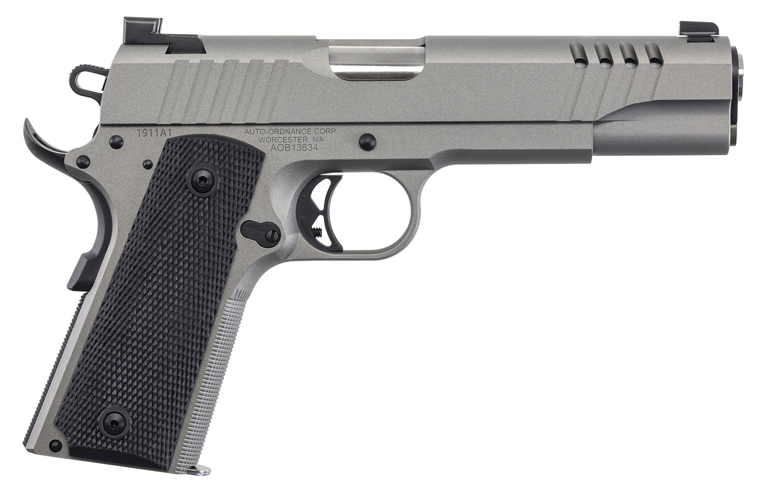 Auto-Ordnance 1911TCAC6N 1911 A1  45 ACP 7+1 5 Savage Silver Cerakoate, Serrated/Ported Slide,  Black Rubber Grips, TruGlo Night Sights