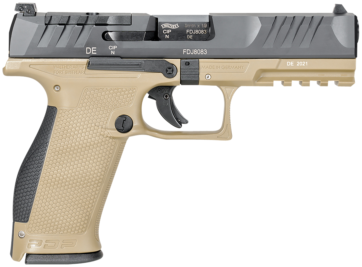 Walther Arms 2858380 PDP  9mm Luger 18+1 4.50" Black Polygonal Rifled Barrel, Black Optic Ready/Serrated Slide, Tan Polymer Frame w/Picatinny Rail, Black Performance Duty Texture Grips, Ambidextrous