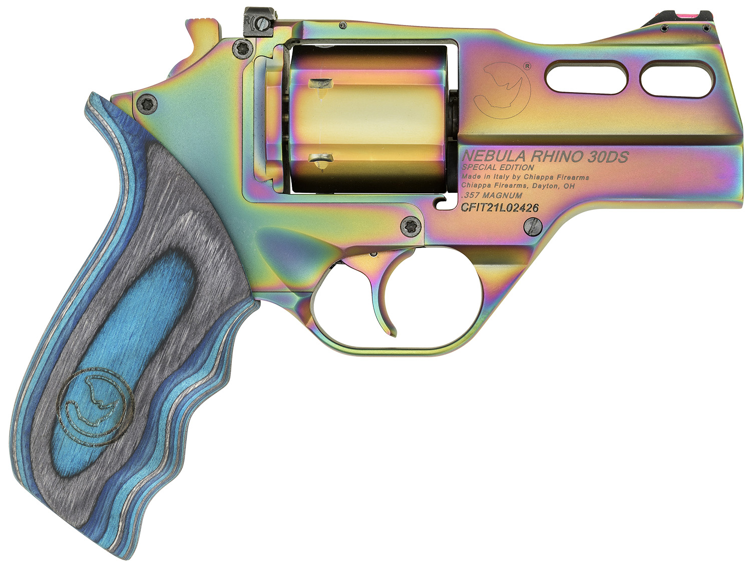 Chiappa Firearms CF340319 Rhino 30DA Nebula *CA Compliant 357 Mag 6 Shot, 3 Rainbow PVD Steel Vent Rib Barrel & Cylinder, Rainbow PVD Aluminum Frame, Blue Laminate Grip, Exposed Hammer