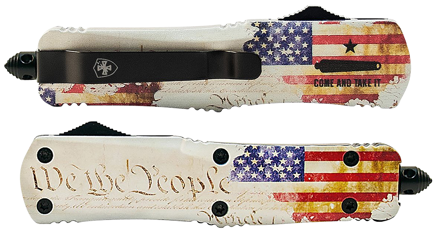 Templar Knife SWTP131 Gen II We The People Small 2.69 OTF Dagger Plain Black Oxide Stonewashed 440C SS Blade, 4.31 White w/Flag & We The People Aluminum Handle, Glass Breaker