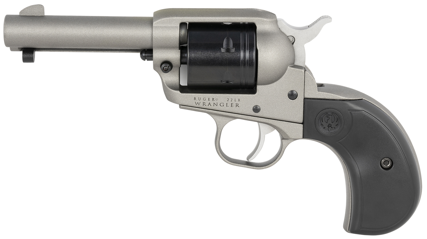 Ruger Wrangler Birdshead Silver 22 LR 3.75 in. – Superb Compact Six Shot Revolver 3 Ruger Wrangler Birdshead Silver 22 LR single action revolver right side view with silver Cerakote frame