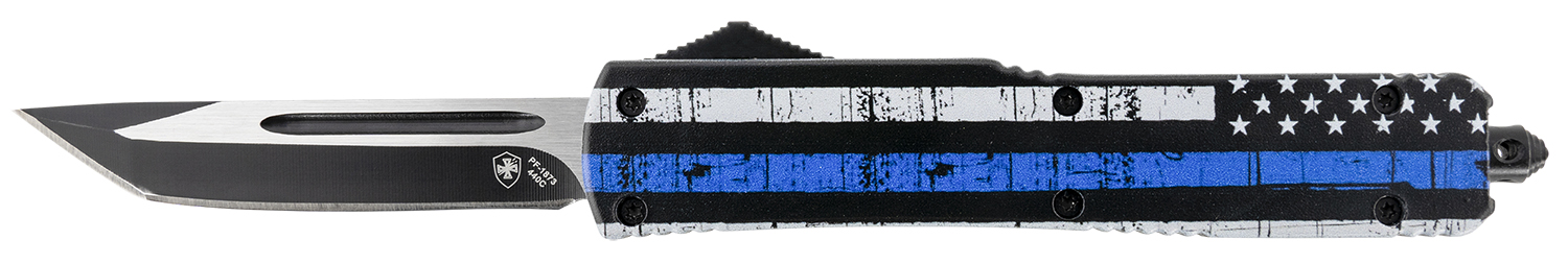 Templar Knife MBTB231 Gen II Back The Blue Slim 3.43 OTF Tanto Plain Black Oxide Stonewashed 440C SS Blade, 5.05 4.31 Black & White w/Blue Line Aluminum Handle, Glass Breaker