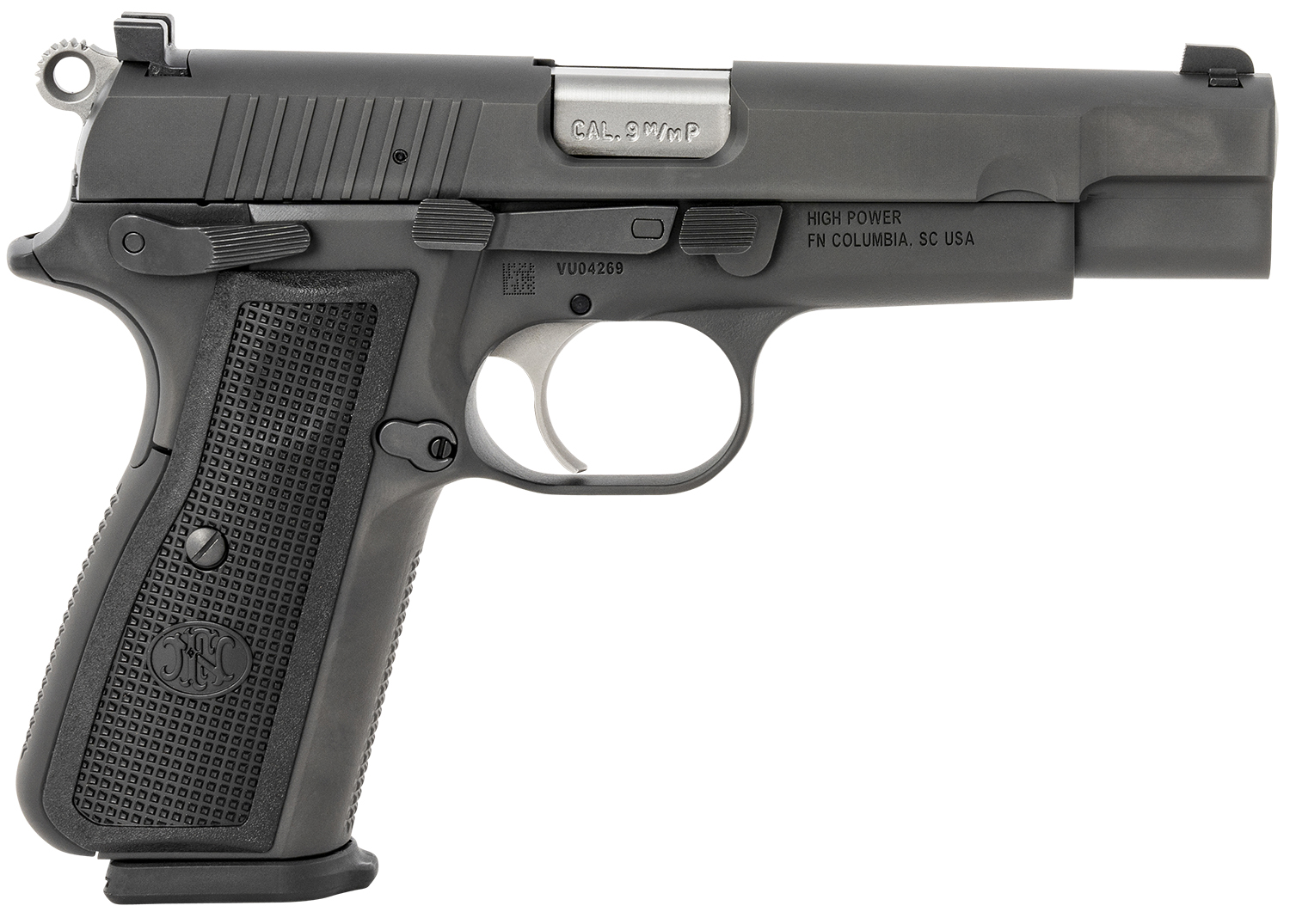 FN 66100256 High Power  9mm Luger 17+1, 4.70" Black Target Crown Steel Barrel, Black PVD Serrated Steel Slide & Steel Frame w/Beavertail, Black Textured Polymer Grip, Ambidextrous